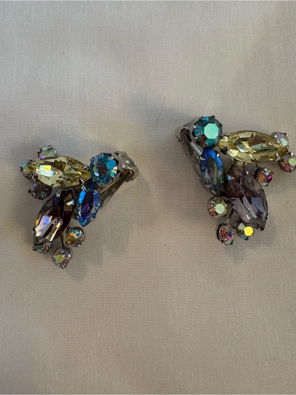 Multicolor Crystal Cluster Clip-On Earrings — Blue, Yellow & Purple